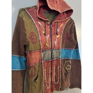 KPC Hippie Boho Colorful Peace Embroidered Zip Up Hoodie Size Small Full